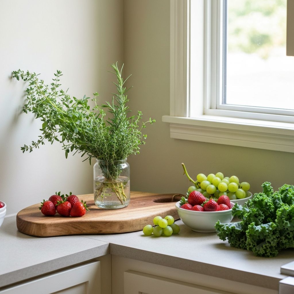 Serene kitchen corner with fresh herbs, natural wood cutting board, and fresh produce