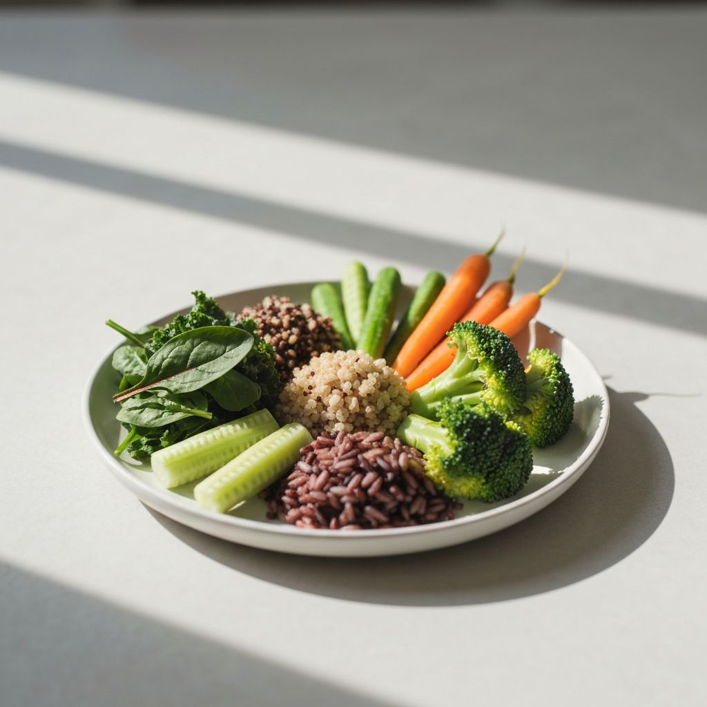 Minimalist food arrangement with wholesome meal and fresh leafy greens