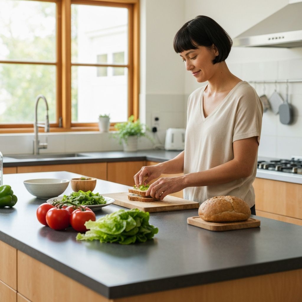 Hands preparing simple wholesome meal in bright kitchen with fresh ingredients