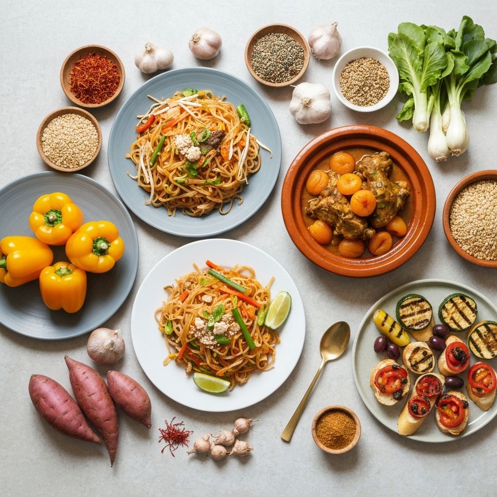 Diverse global ingredients and dishes representing different food traditions